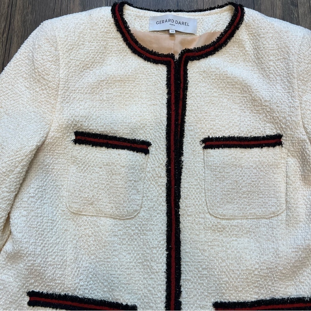 Gerard Darel Ivory Woven Tweed Blazer Long Sleeves Mock Neck Mid Length Summer M - Picture 9 of 15
